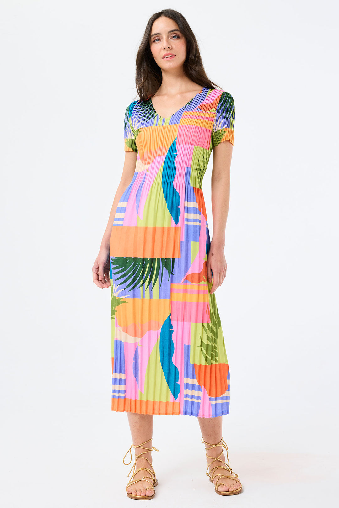 Leo & Ugo Dress Tropical Block Print Stretch Pleat YER631 - Shirley Allum Boutique