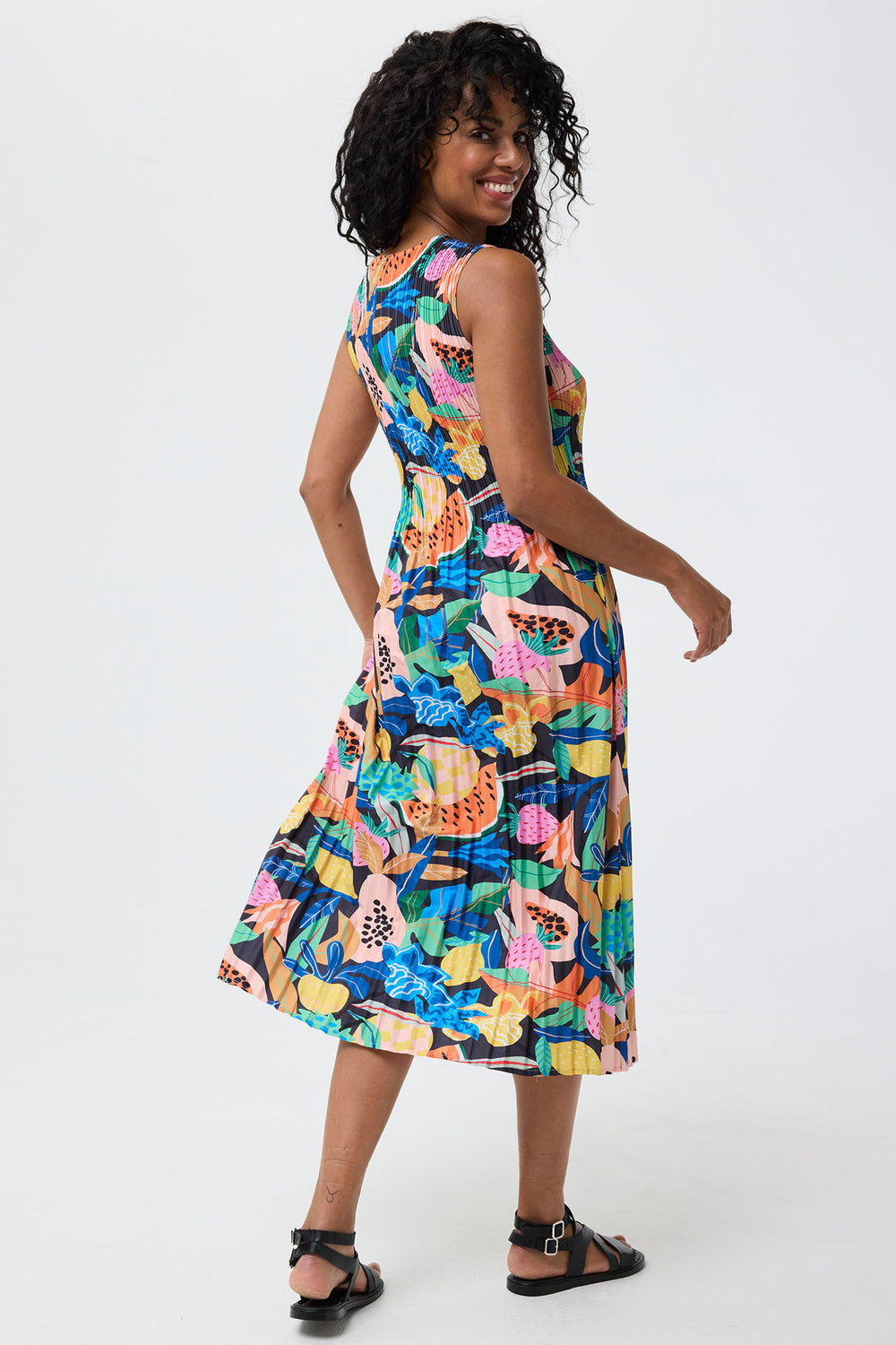 Leo & Ugo Dress Tropical Fruits Print Stretch Pleat YER626 - Shirley Allum Boutique