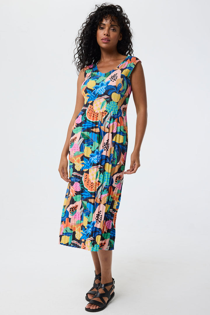Leo & Ugo Dress Tropical Fruits Print Stretch Pleat YER626 - Shirley Allum Boutique