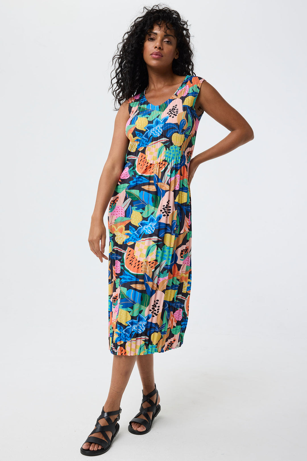 Leo & Ugo Dress Tropical Fruits Print Stretch Pleat YER626 - Shirley Allum Boutique