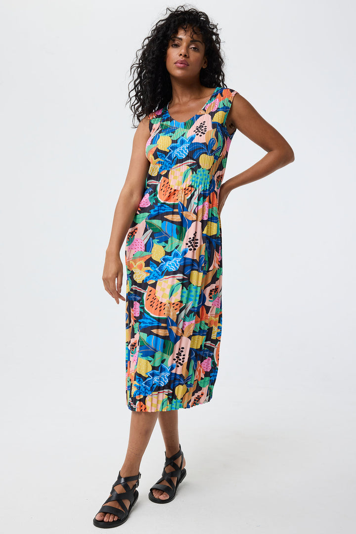 Leo & Ugo Dress Tropical Fruits Print Stretch Pleat YER626 - Shirley Allum Boutique