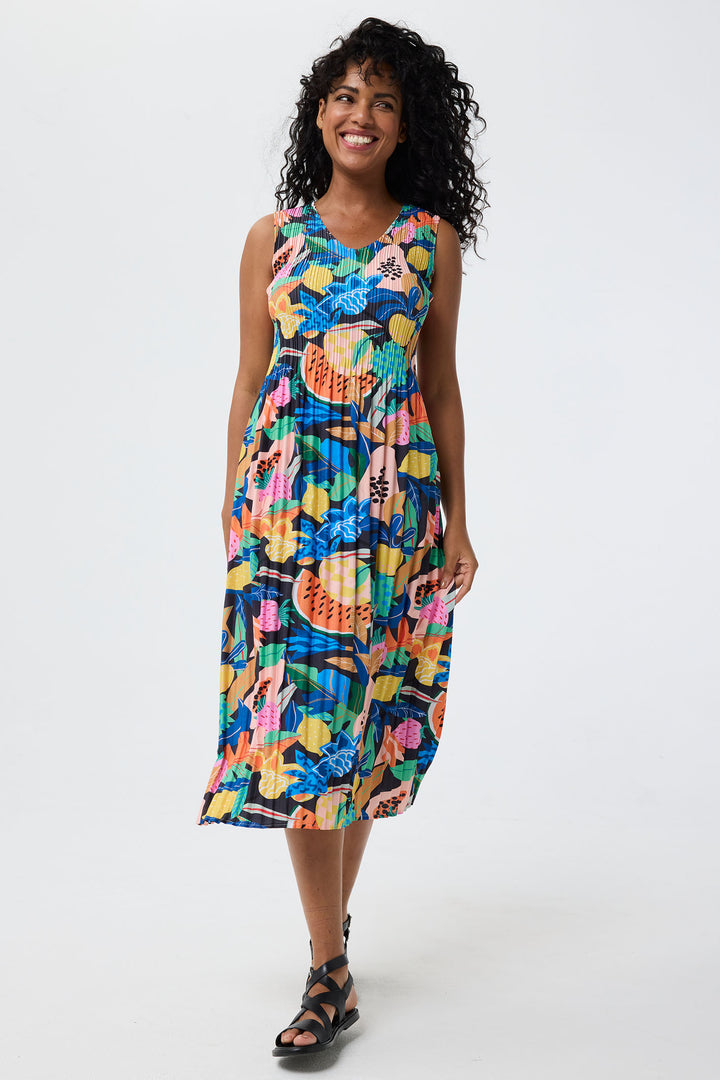 Leo & Ugo Dress Tropical Fruits Print Stretch Pleat YER626 - Shirley Allum Boutique