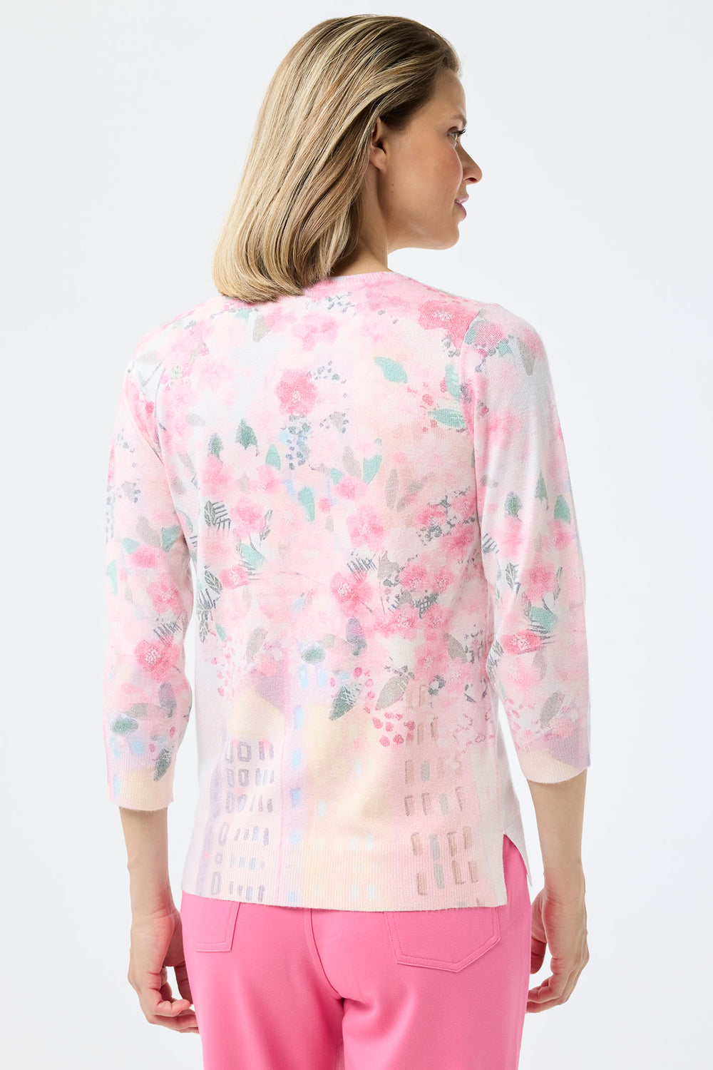 Leo & Ugo Jumper Pink Print V-Neck KE806 - Shirley Allum Boutique