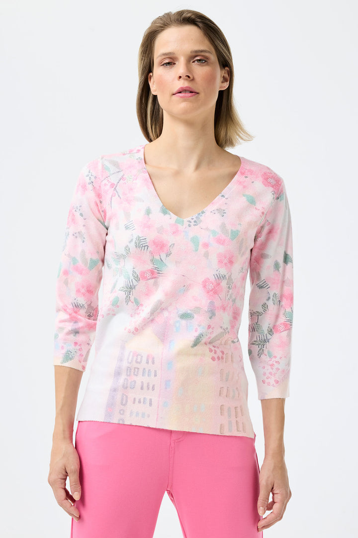 Leo & Ugo Jumper Pink Print V-Neck KE806 - Shirley Allum Boutique