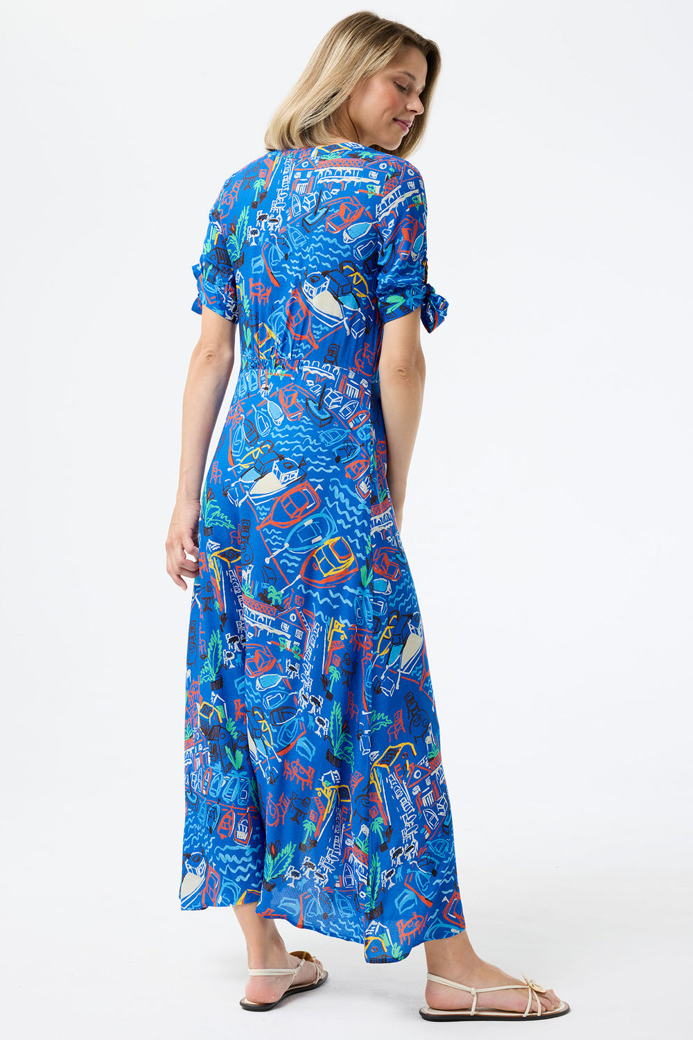 Leo & Ugo Shirt Dress Blue Marina Print Knot Sleeves TESR316 - Shirley Allum Boutique