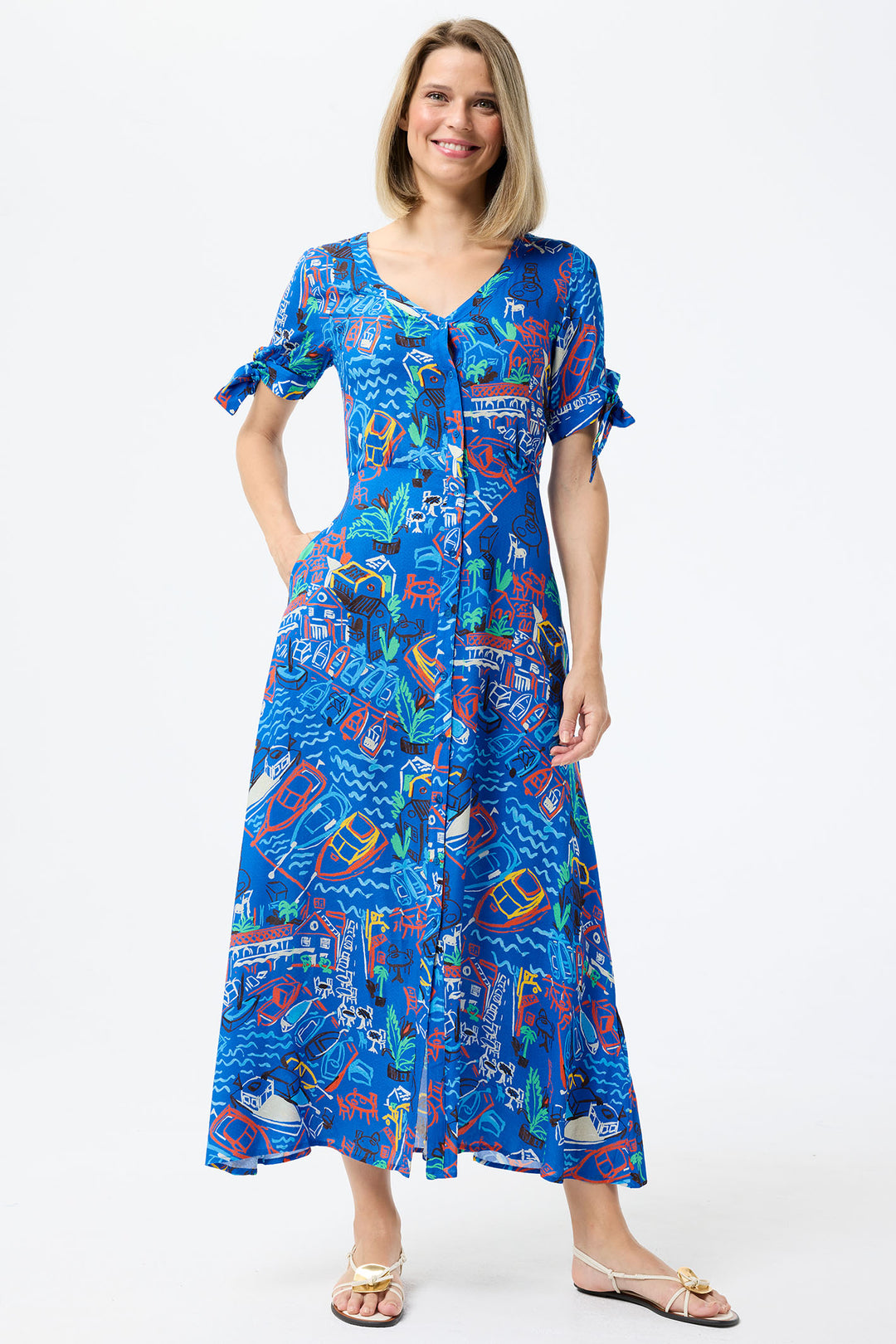 Leo & Ugo Shirt Dress Blue Marina Print Knot Sleeves TESR316 - Shirley Allum Boutique