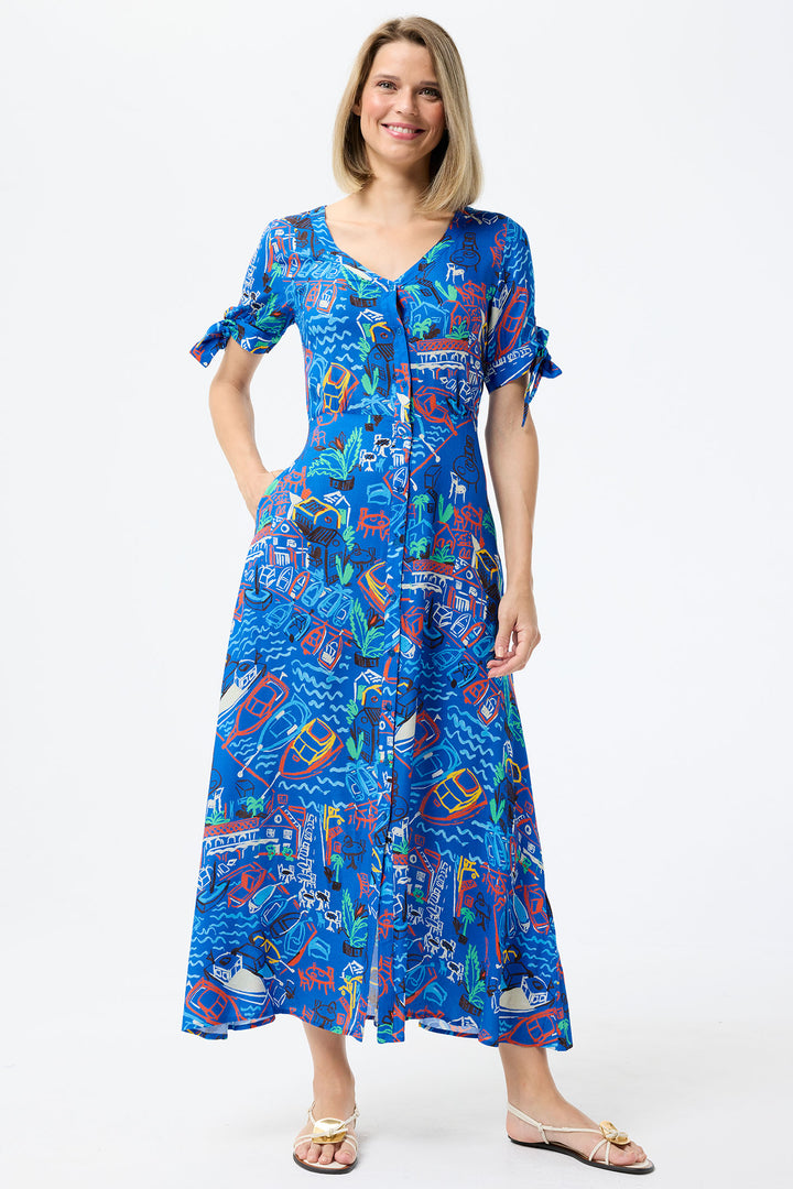 Leo & Ugo Shirt Dress Blue Marina Print Knot Sleeves TESR316 - Shirley Allum Boutique