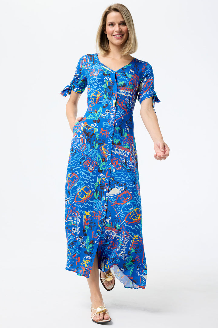 Leo & Ugo Shirt Dress Blue Marina Print Knot Sleeves TESR316 - Shirley Allum Boutique