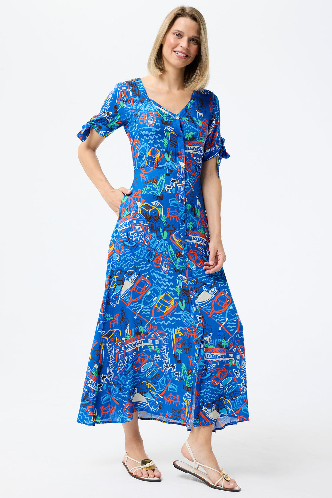 Leo & Ugo Shirt Dress Blue Marina Print Knot Sleeves TESR316 - Shirley Allum Boutique