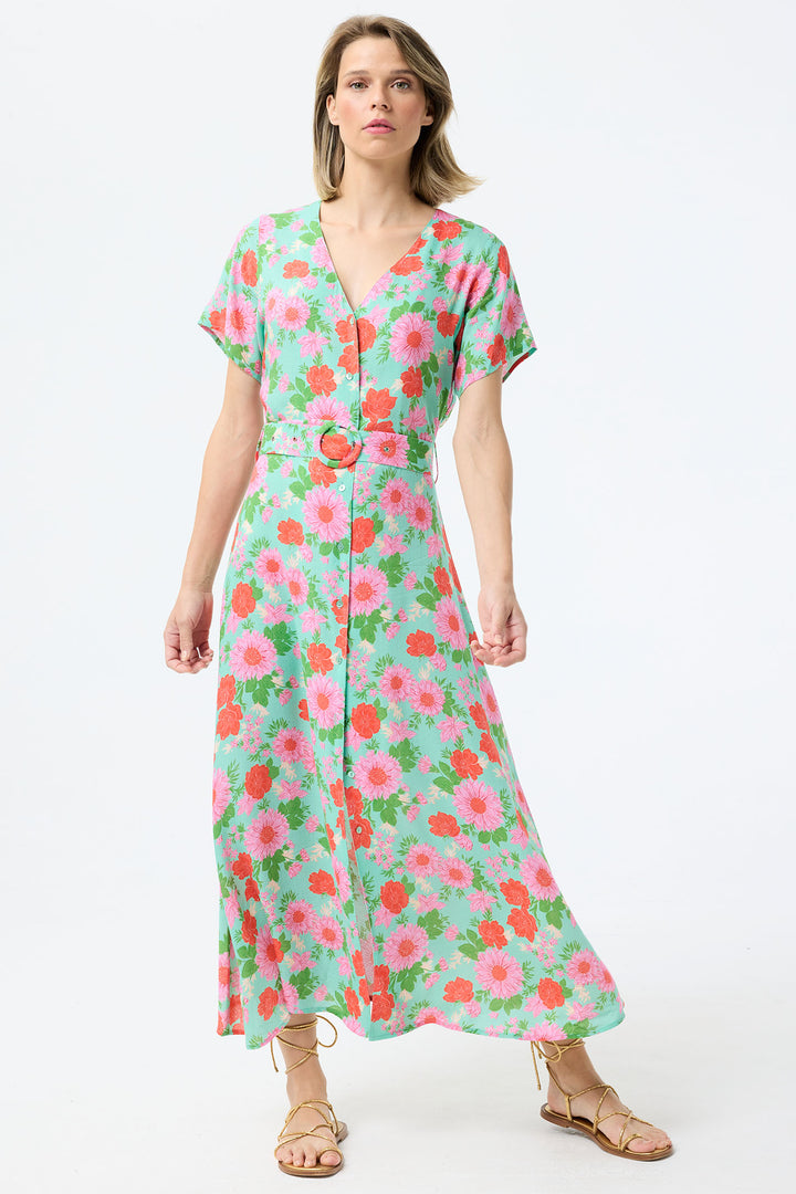 Leo & Ugo Shirt Dress Mint Green Floral Print With Belt TESR319 - Shirley Allum Boutique