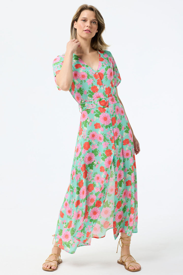 Leo & Ugo Shirt Dress Mint Green Floral Print With Belt TESR319 - Shirley Allum Boutique