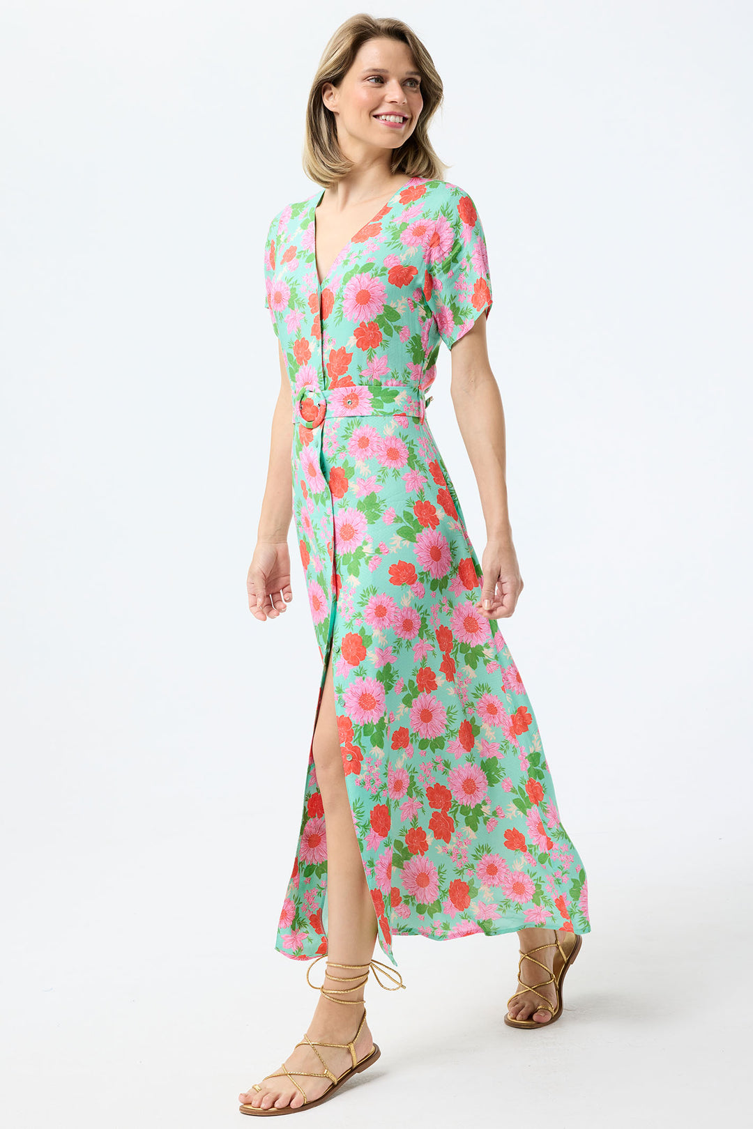 Leo & Ugo Shirt Dress Mint Green Floral Print With Belt TESR319 - Shirley Allum Boutique