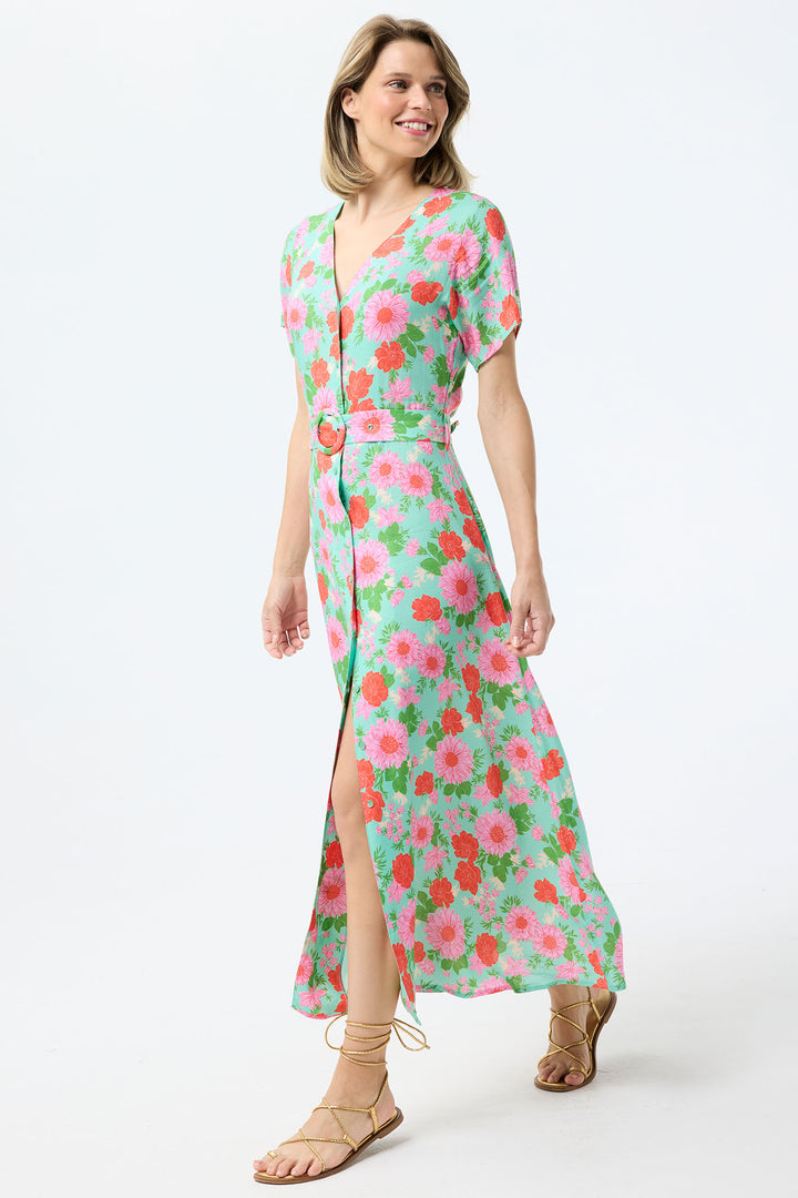 Leo & Ugo Shirt Dress Mint Green Floral Print With Belt TESR319 - Shirley Allum Boutique