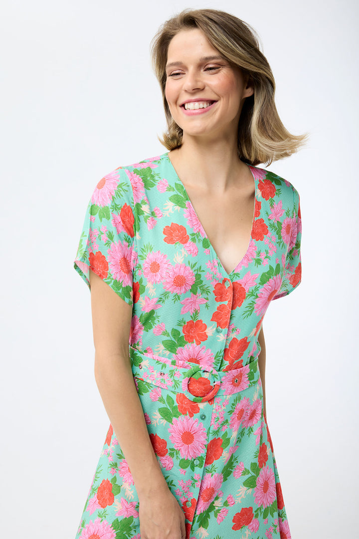 Leo & Ugo Shirt Dress Mint Green Floral Print With Belt TESR319 - Shirley Allum Boutique