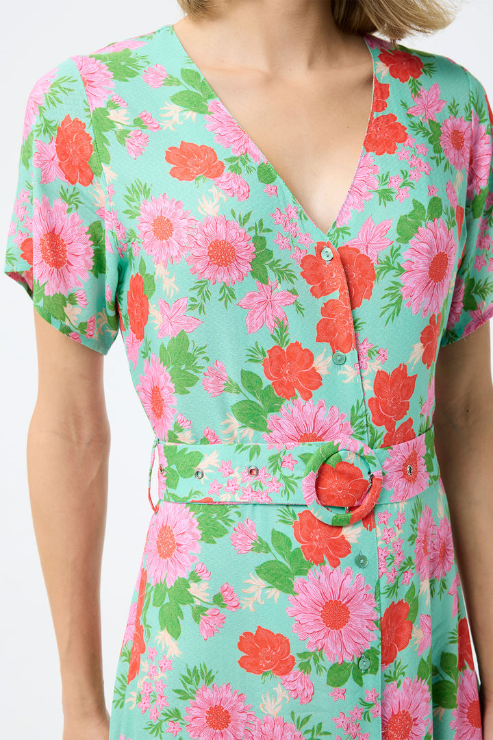 Leo & Ugo Shirt Dress Mint Green Floral Print With Belt TESR319 - Shirley Allum Boutique