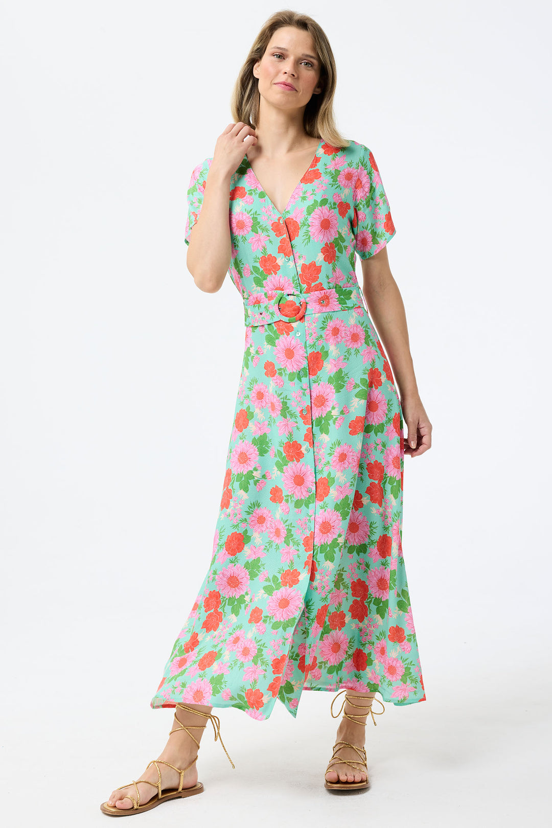 Leo & Ugo Shirt Dress Mint Green Floral Print With Belt TESR319 - Shirley Allum Boutique