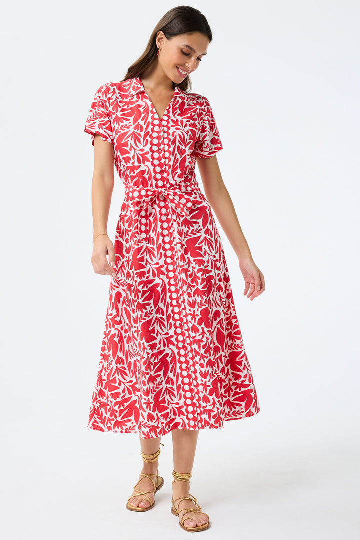 Leo & Ugo Shirt Dress Red Leaf Print Short Sleeve KER820 - Shirley Allum Boutique