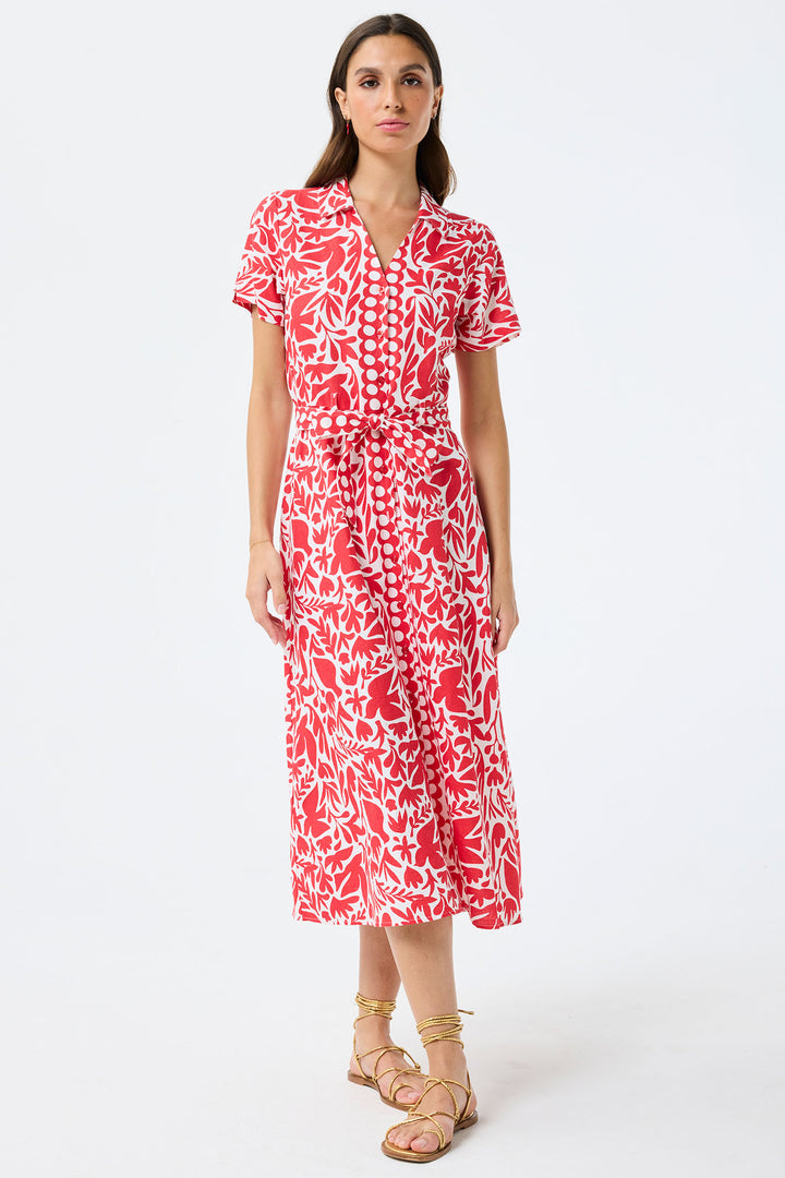 Leo & Ugo Shirt Dress Red Leaf Print Short Sleeve KER820 - Shirley Allum Boutique