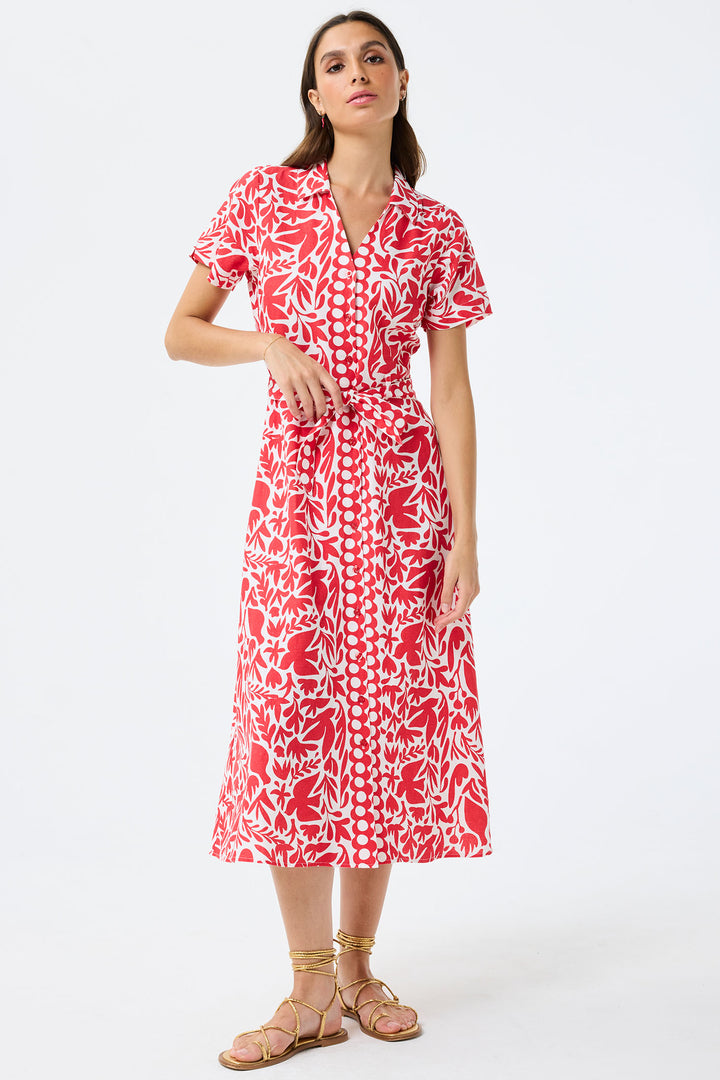 Leo & Ugo Shirt Dress Red Leaf Print Short Sleeve KER820 - Shirley Allum Boutique