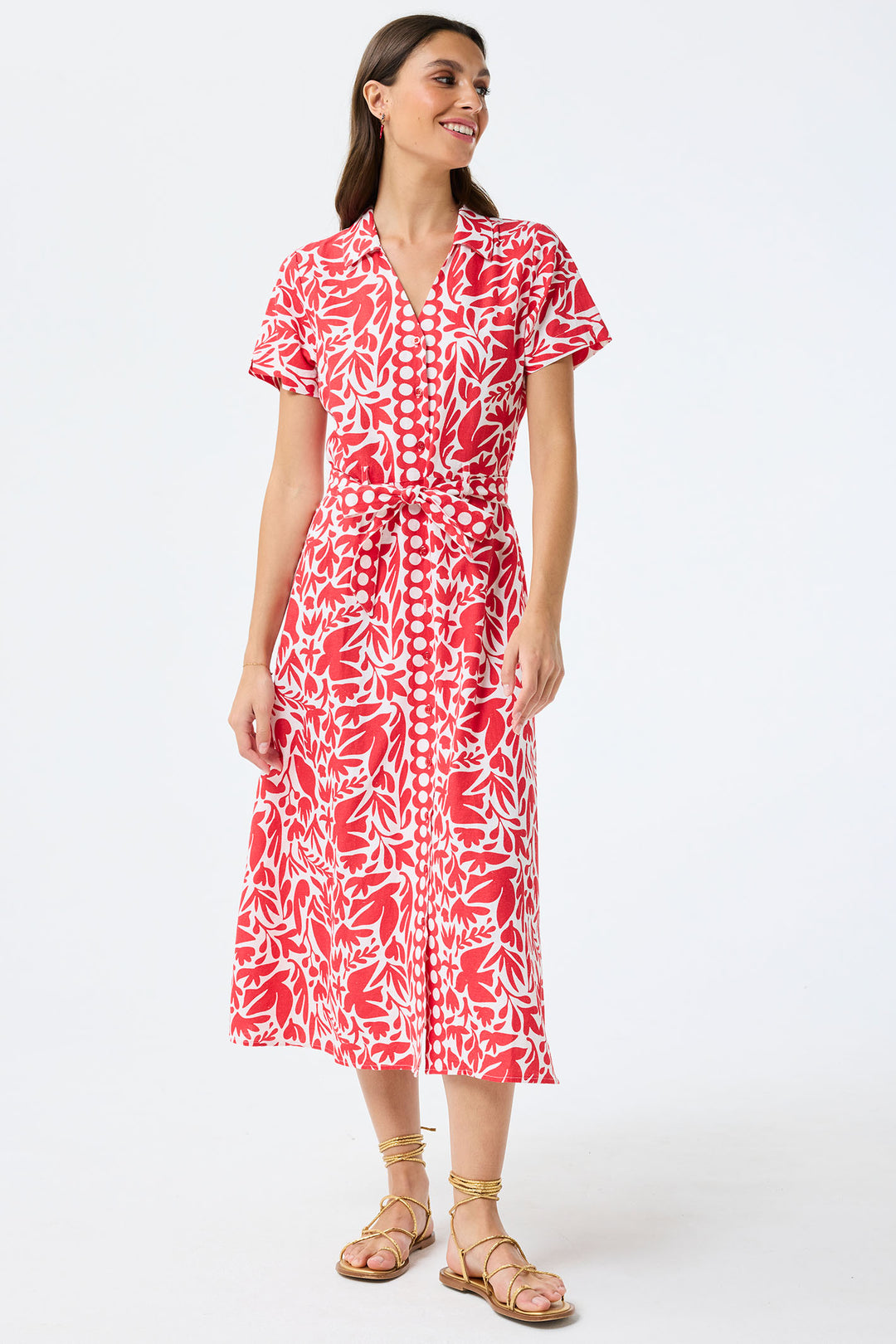 Leo & Ugo Shirt Dress Red Leaf Print Short Sleeve KER820 - Shirley Allum Boutique