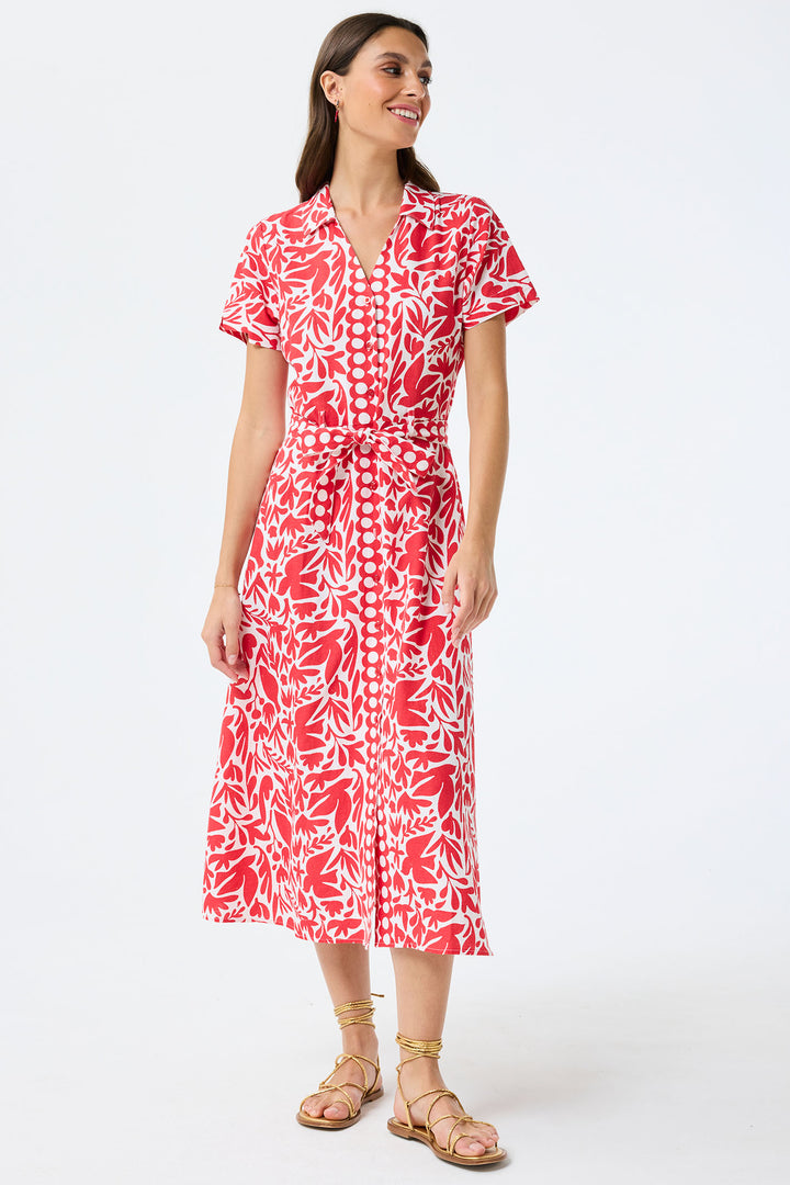 Leo & Ugo Shirt Dress Red Leaf Print Short Sleeve KER820 - Shirley Allum Boutique