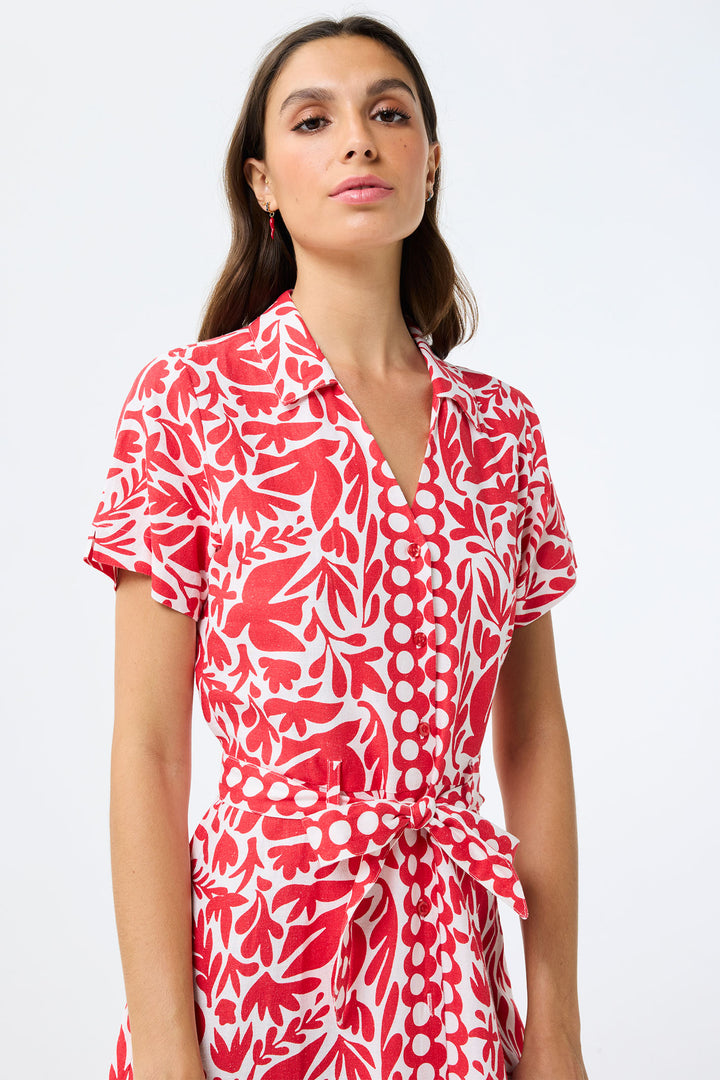 Leo & Ugo Shirt Dress Red Leaf Print Short Sleeve KER820 - Shirley Allum Boutique