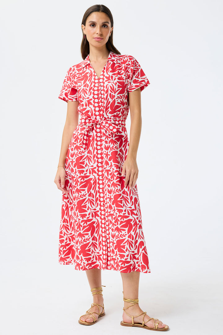Leo & Ugo Shirt Dress Red Leaf Print Short Sleeve KER820 - Shirley Allum Boutique