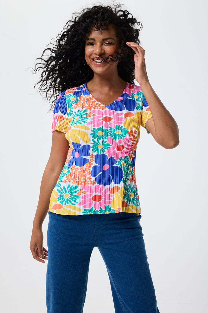 Leo & Ugo Top Flower Print Stretch Pleat YE630 - Shirley Allum Boutique