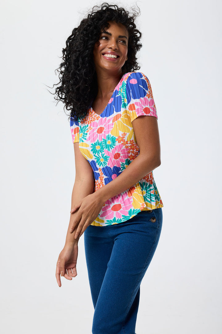 Leo & Ugo Top Flower Print Stretch Pleat YE630 - Shirley Allum Boutique