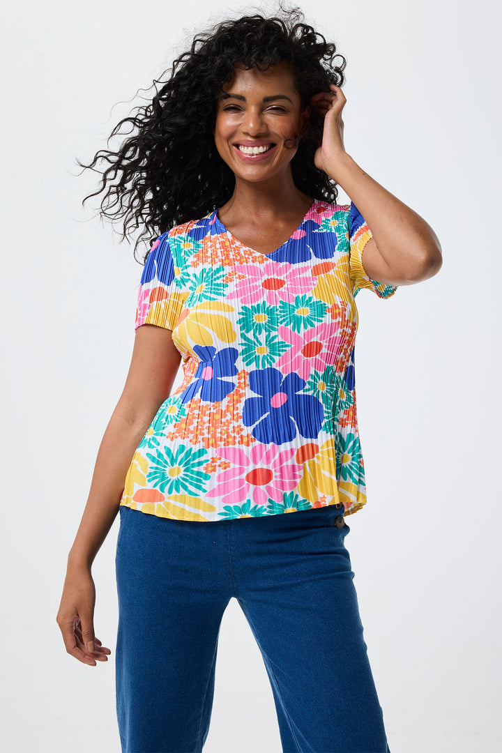 Leo & Ugo Top Flower Print Stretch Pleat YE630 - Shirley Allum Boutique