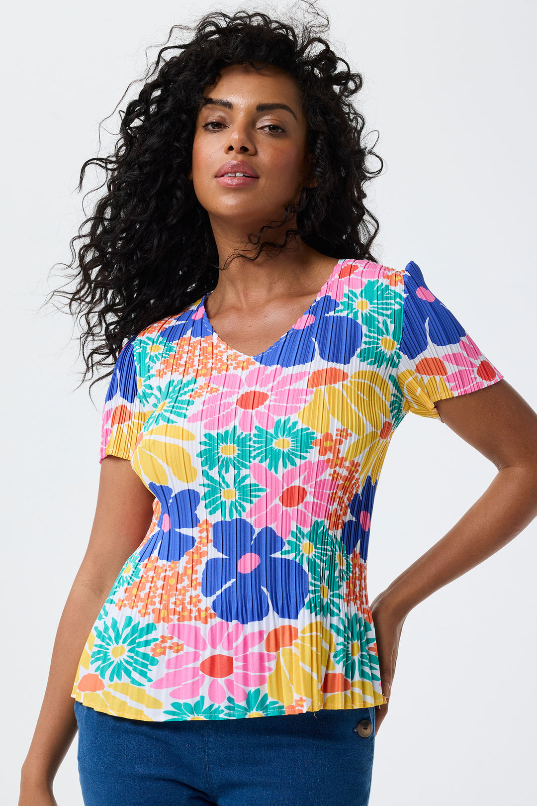 Leo & Ugo Top Flower Print Stretch Pleat YE630 - Shirley Allum Boutique