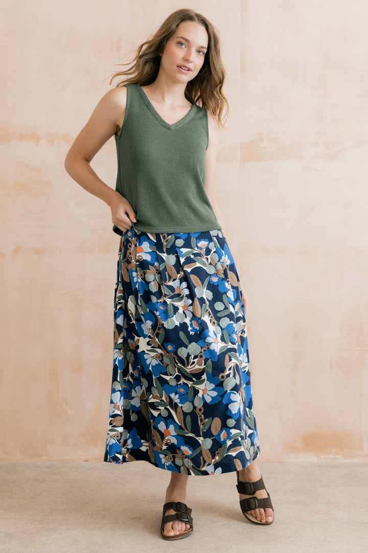 Lily &amp; Me LM26058 St Ives Navy Ceres Print Linen Blend Skirt