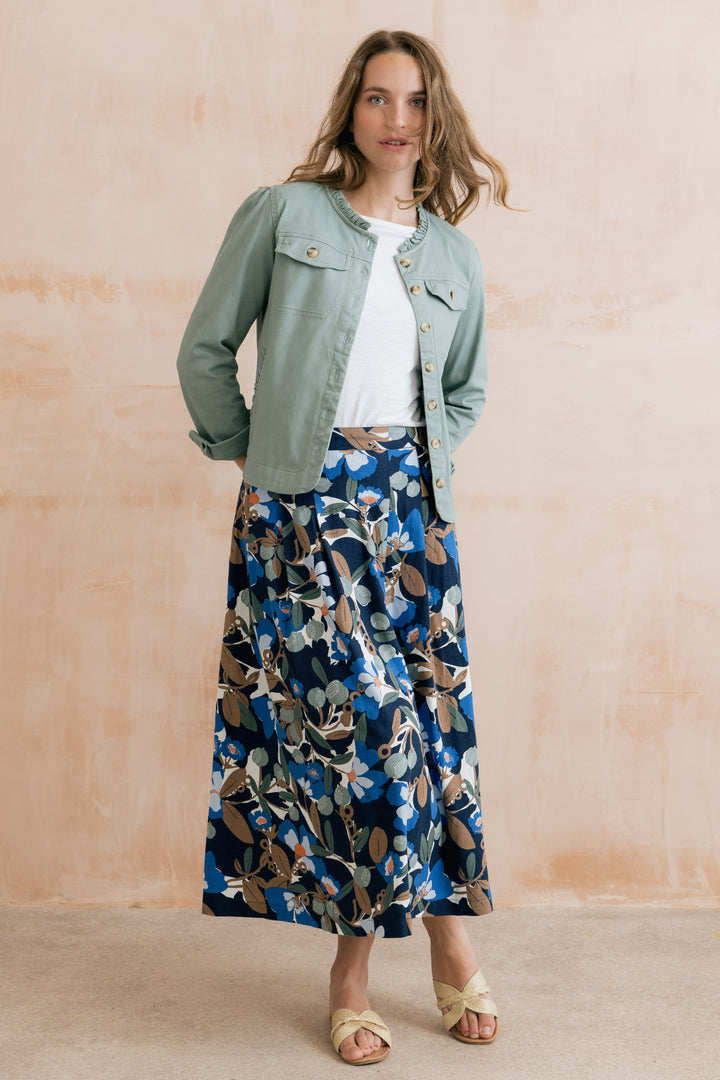 Lily &amp; Me LM26058 St Ives Navy Ceres Print Linen Blend Skirt
