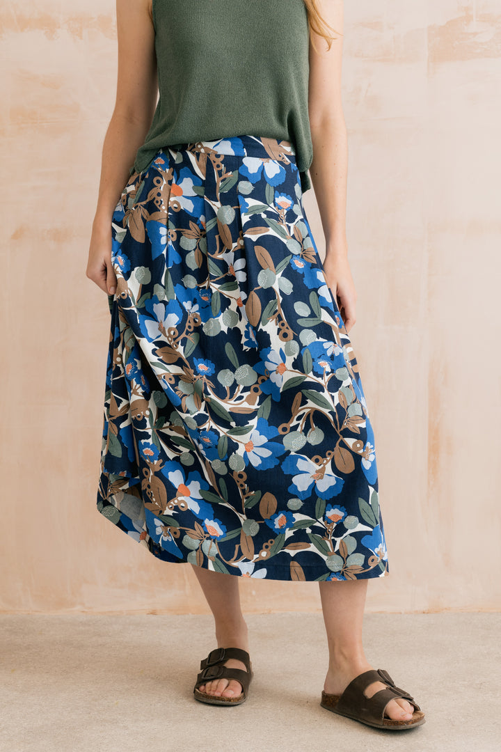Lily &amp; Me LM26058 St Ives Navy Ceres Print Linen Blend Skirt