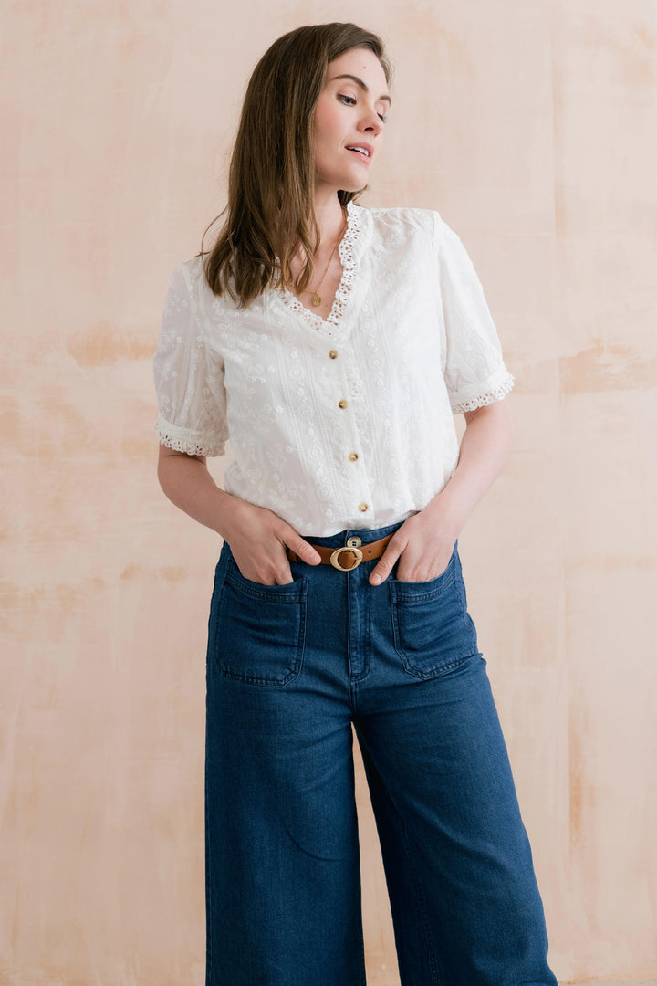 Lily &amp; Me LM26074 Wren Embroidered White Cotton Blouse