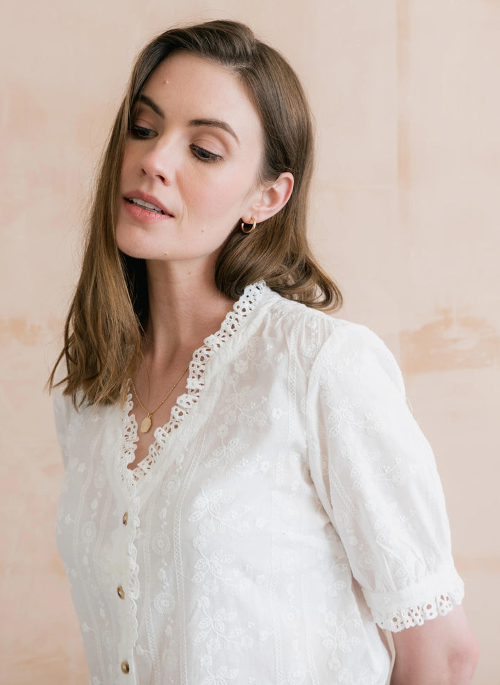 Lily &amp; Me LM26074 Wren Embroidered White Cotton Blouse