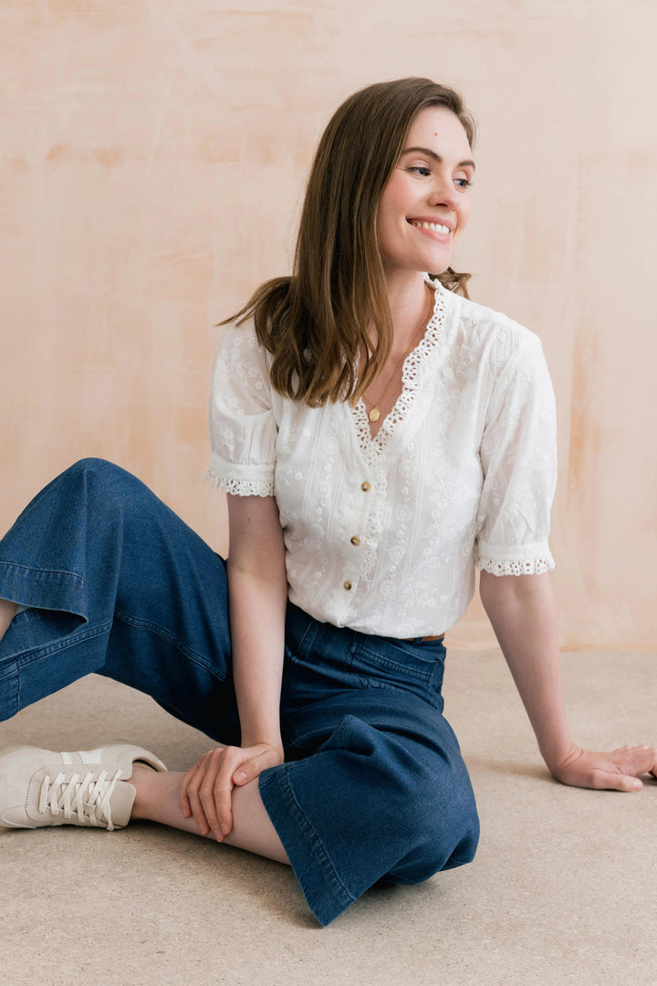 Lily &amp; Me LM26074 Wren Embroidered White Cotton Blouse