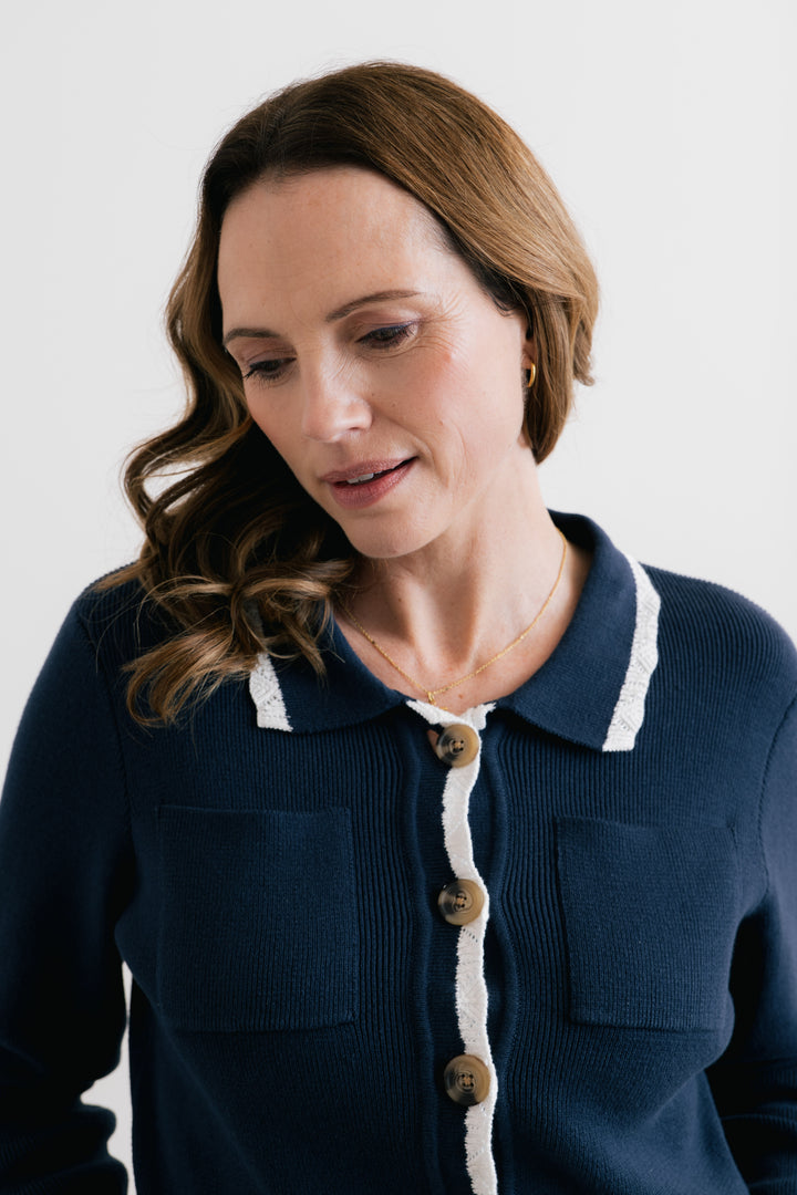 Lily &amp; Me LM26148 Navy White Piper Cardigan Jacket Organic Cotton
