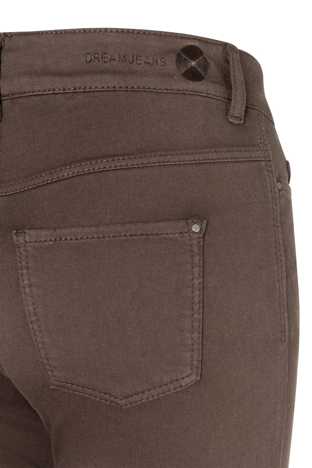 Brown jeans with a visible brand label on a white background