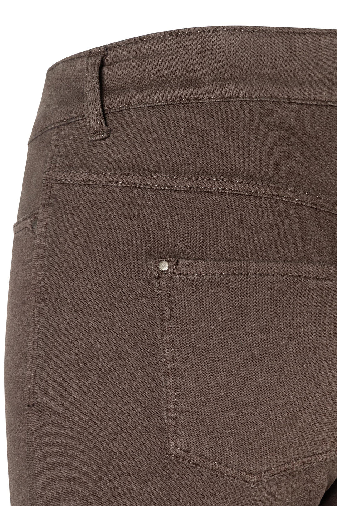 Close-up of brown pants with a pocket and stitching detail on a white background