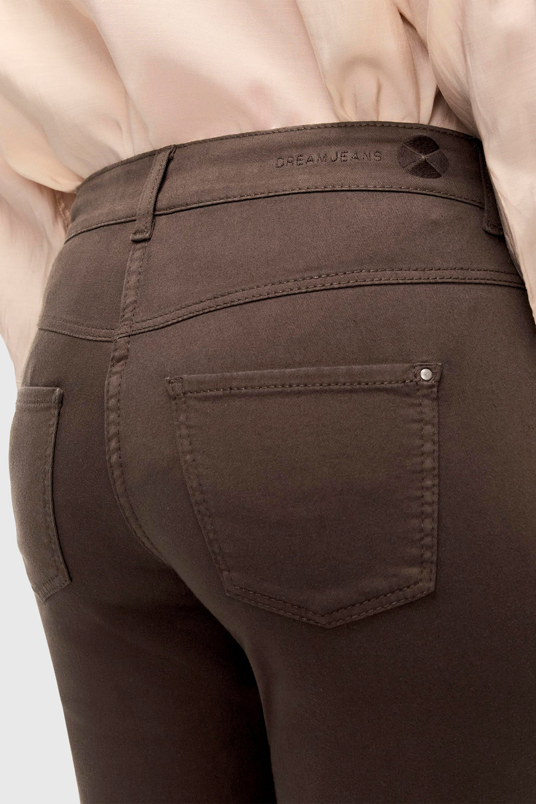Brown pants with a visible brand logo on a white background