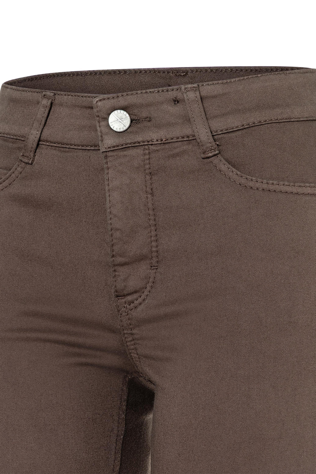 Close-up of brown pants with a button detail on a white background