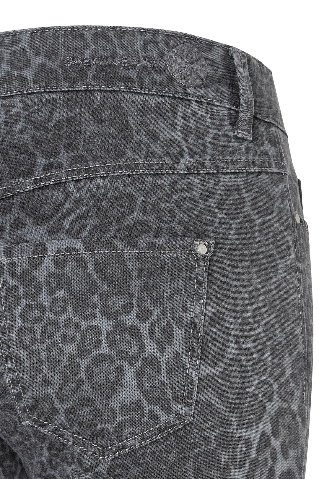Gray leopard print pants with a brand label on a white background