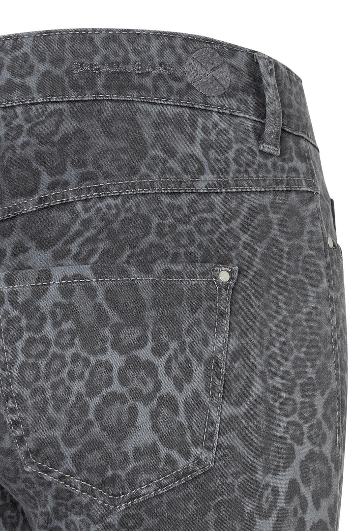 Gray leopard print pants with a brand label on a white background
