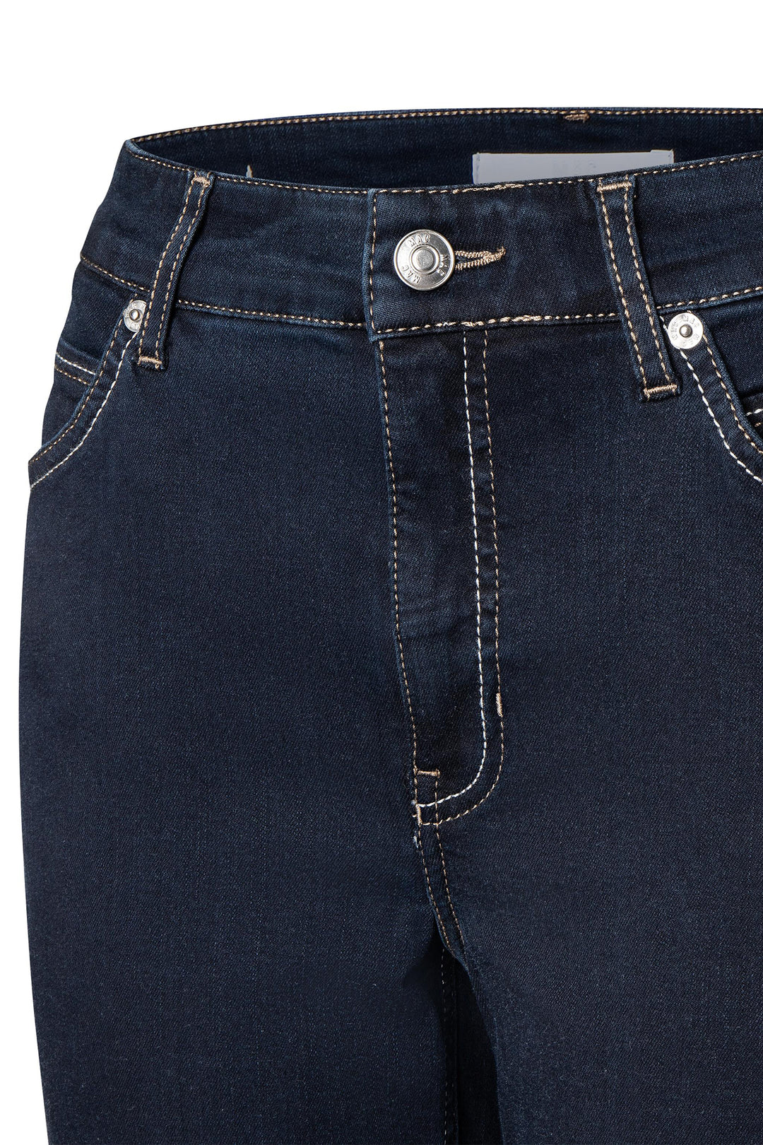 Close-up of dark blue jeans with a button and zipper on a white background