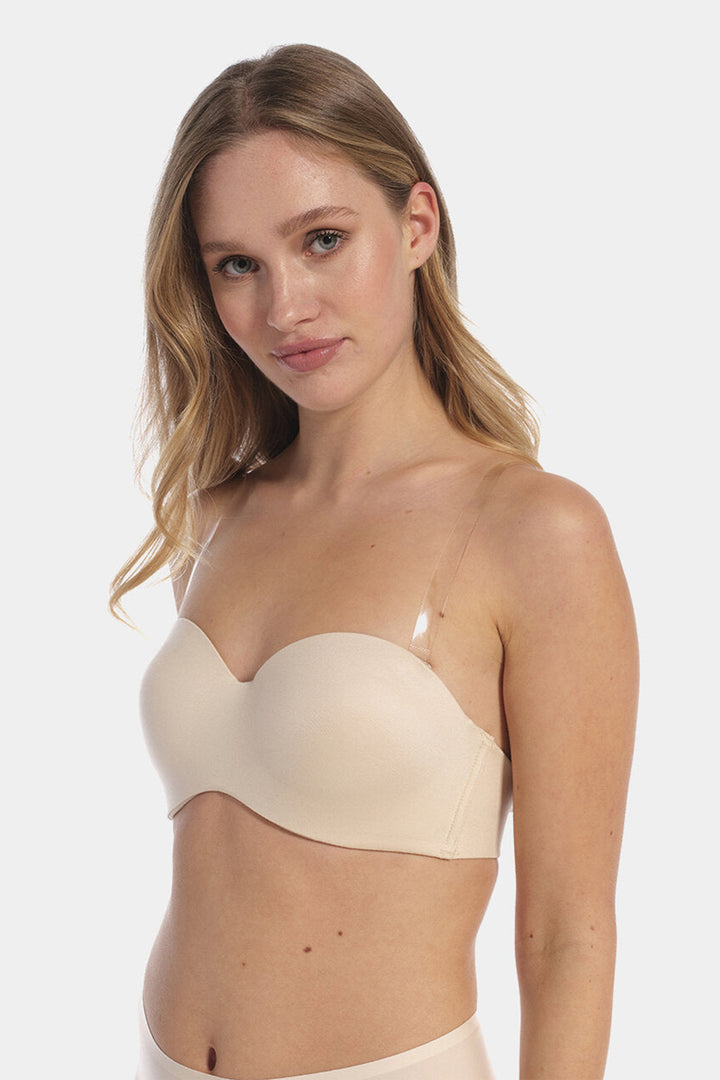Magic Bodyfashion 15mm Clear Silicone Bra Straps, worn with a strapless bra