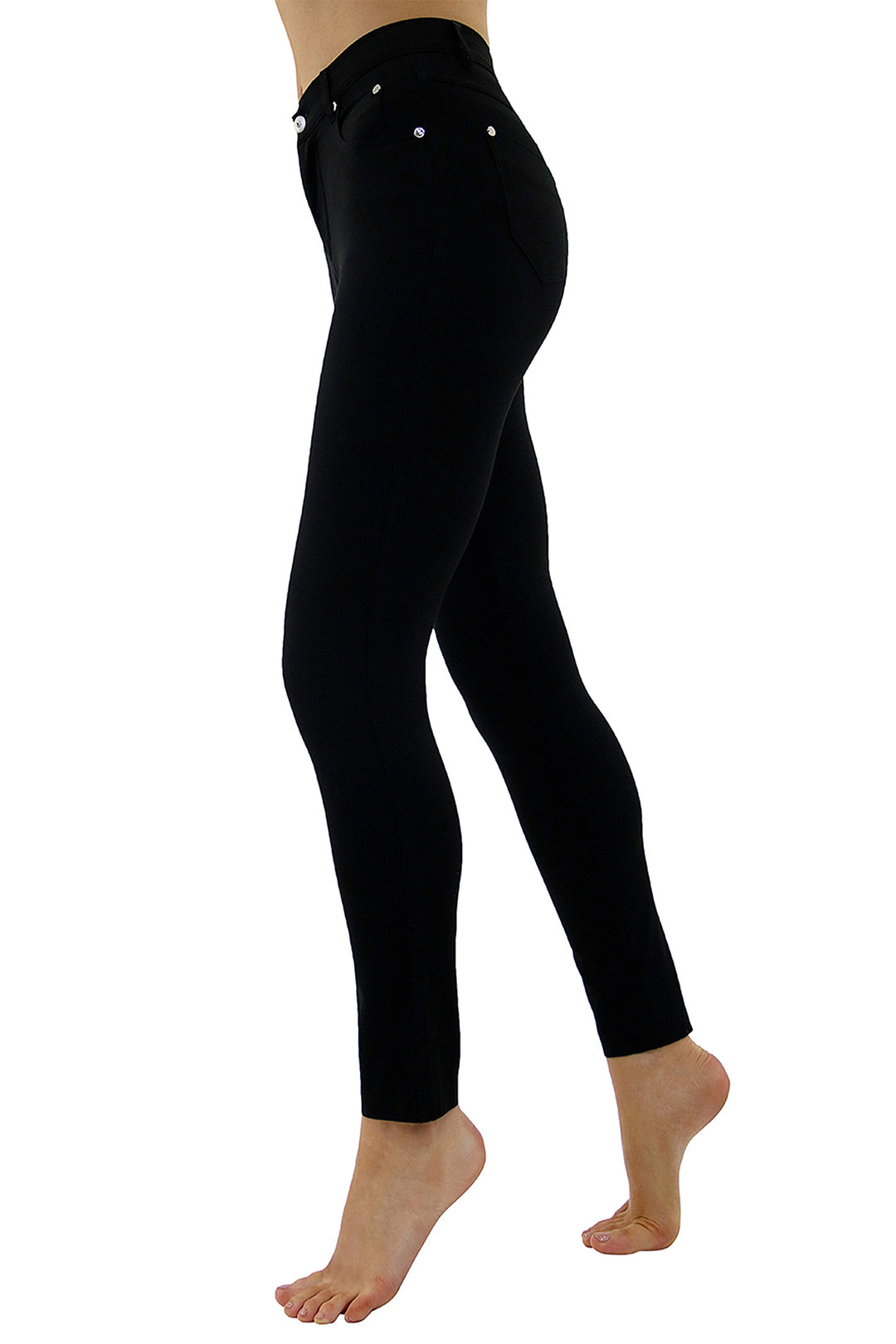 Black leggings with white buttons on a white background