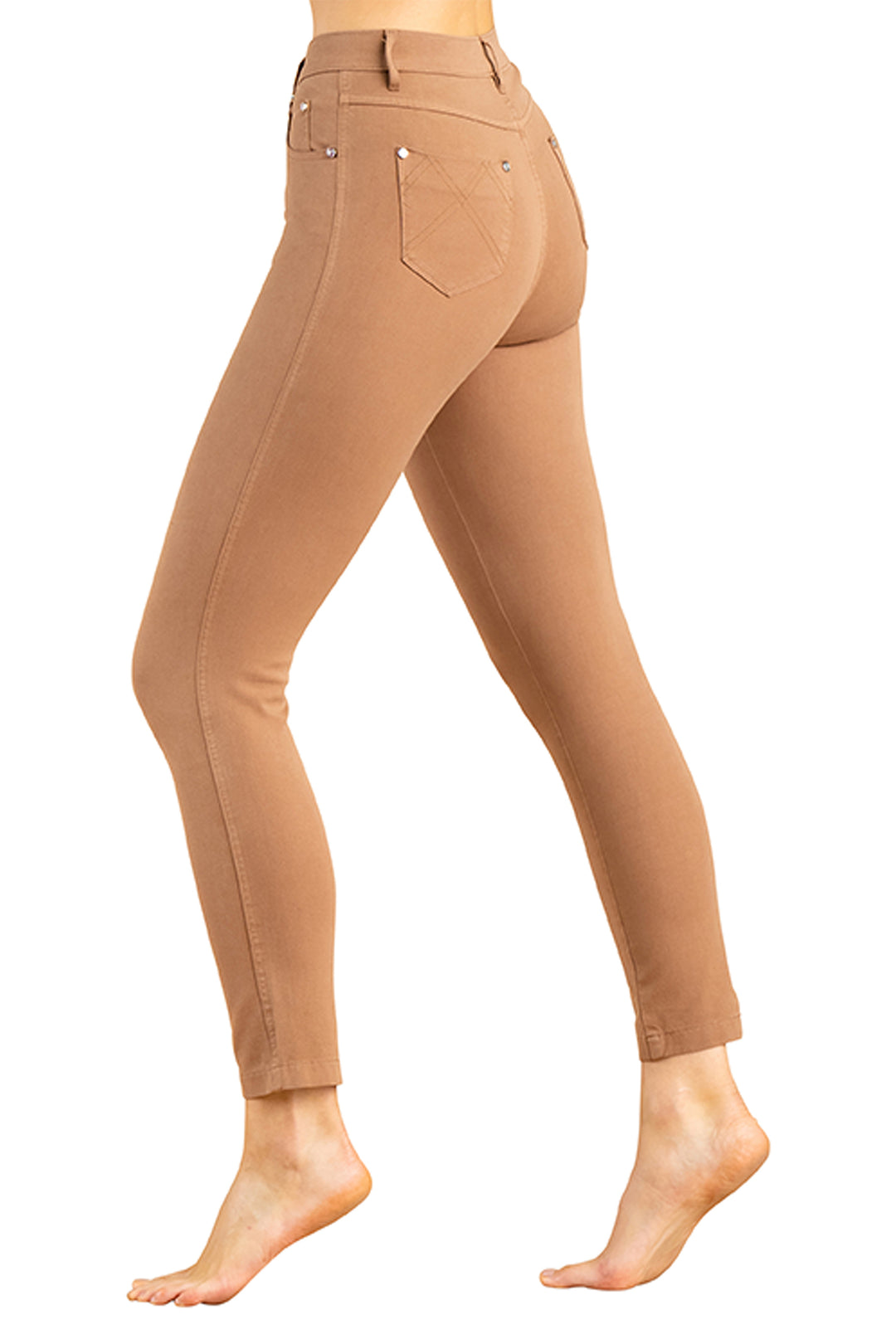 Tan pants worn by a person on a white background