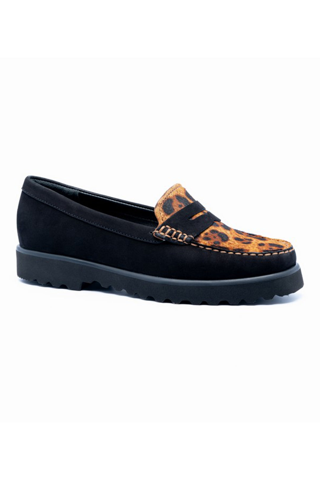 Black loafer with leopard print strap on a white background
