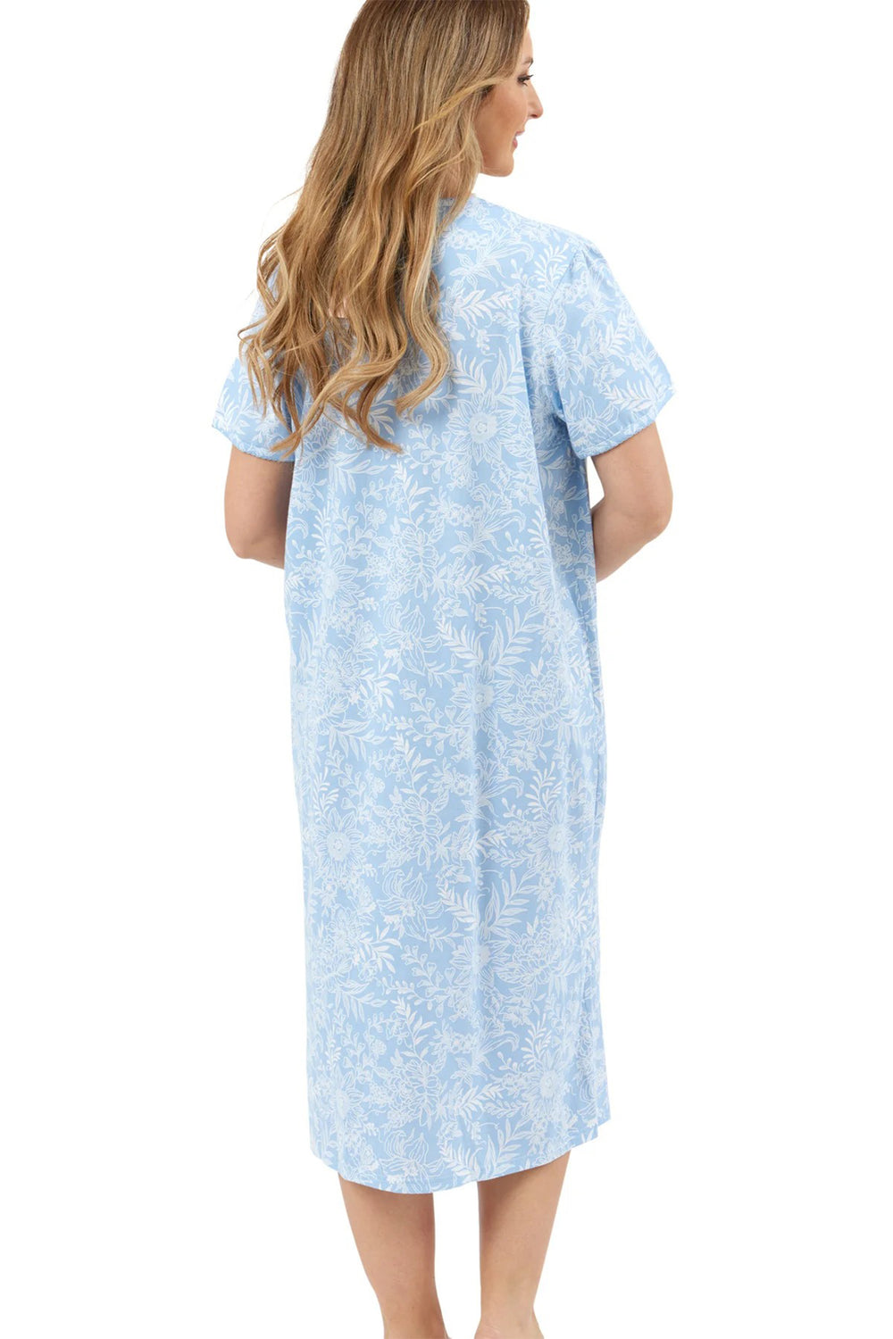 Marlon Linear Floral Blue Cotton Jersey Button Through Short Sleeve Nightdress MA44303 - Shirley Allum Boutique